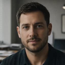 Editorial-grade synthetic portrait of John Donaldson — 31-year-old white American male, mid-length brown hair, neutral expression, soft three-quarter angle. Cinematic ink-tinted backdrop with a subtle teal undertone. Crop tight: head + shoulders only. No props, no logos. Should pair tonally with the Ink hero surface — cool desaturated palette, not warm.