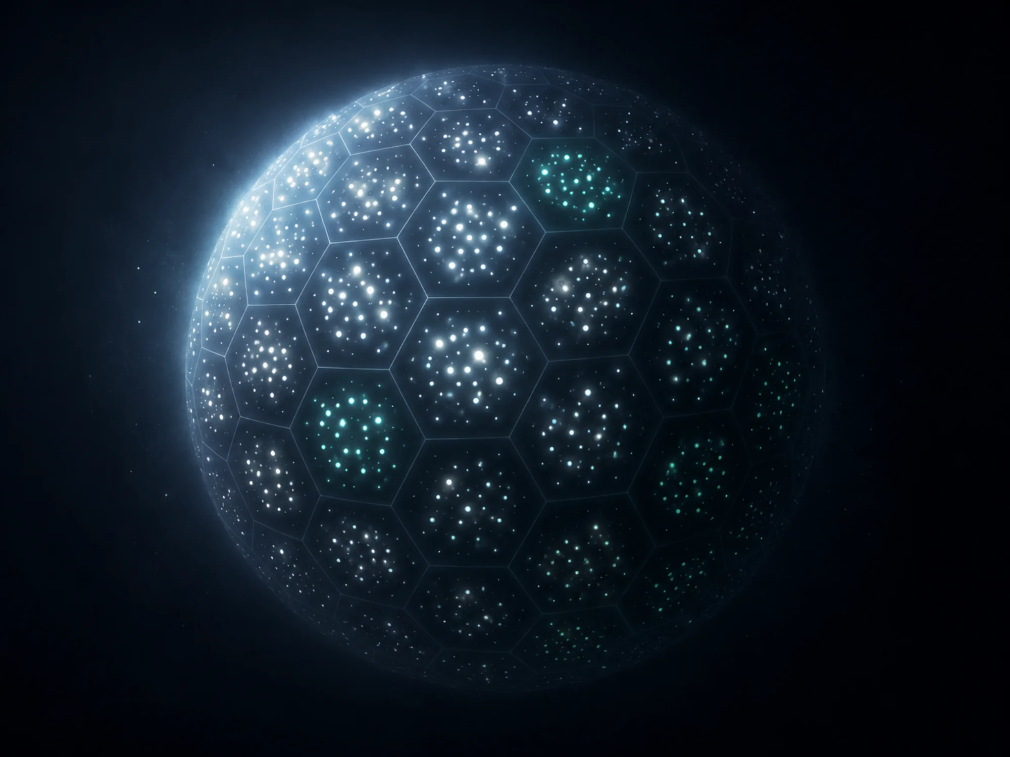 Cinematic dot-field sphere on near-black ink. Dense population of small luminous points across a translucent spherical surface — a particle visualisation of a synthetic population. Front of sphere sharp, back fades into ink. Soft cool light from upper-left catching the leading edge with icy-white highlights. Strictly cool palette — no yellow, no sepia, no warm undertone. Roughly 30-40% of points teal-tinted (#52B8A6 / #8AD2C5), the rest cool desaturated white. Subtle particle drift around the sphere's leading edge. Sphere centred in 4:3 frame with generous negative space — CSS will position-shift it for desktop bleed-right vs mobile centred. No networks, no continents, no UI, no wireframe.