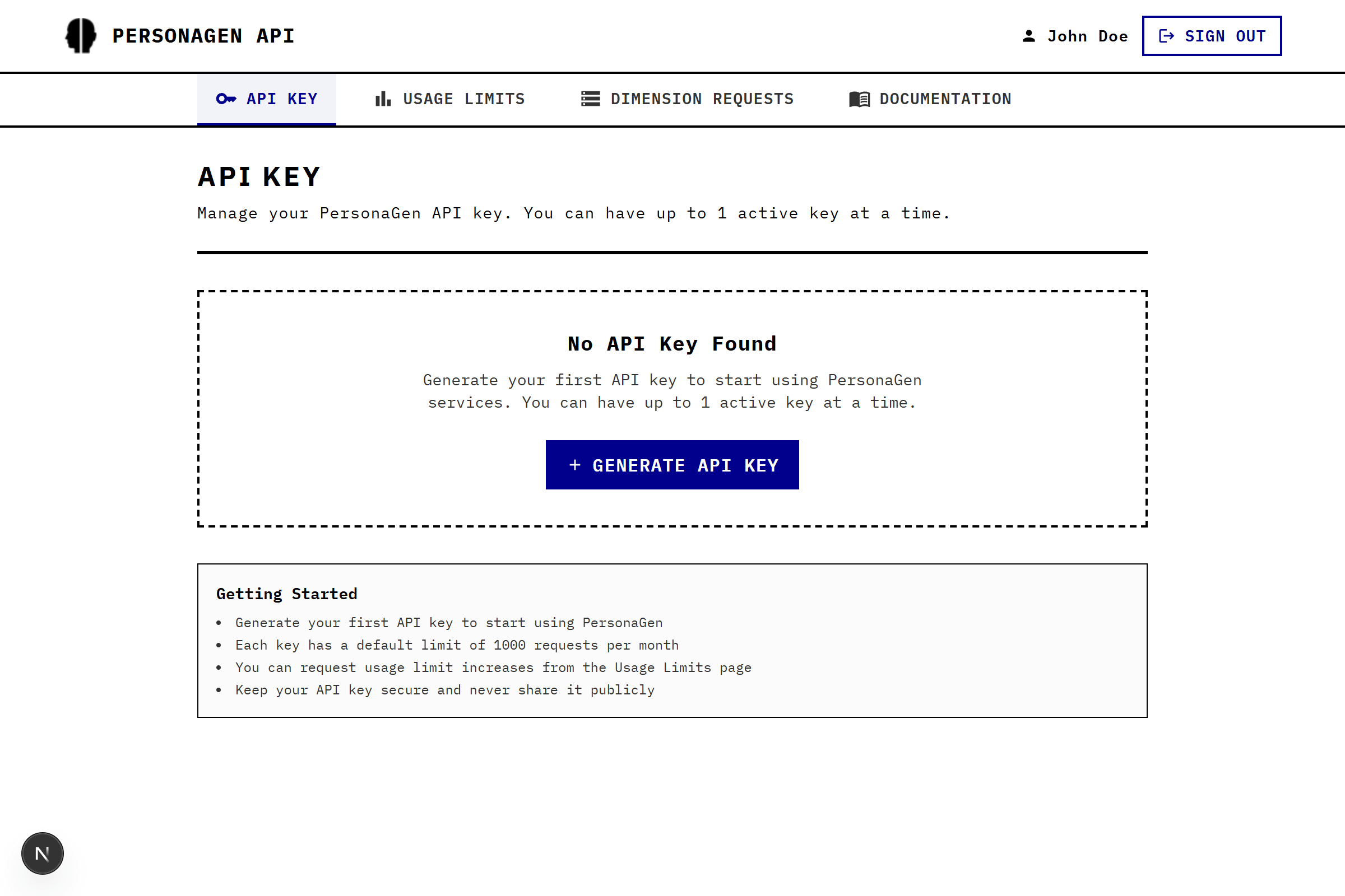 Empty API Keys dashboard showing placeholder when no keys exist