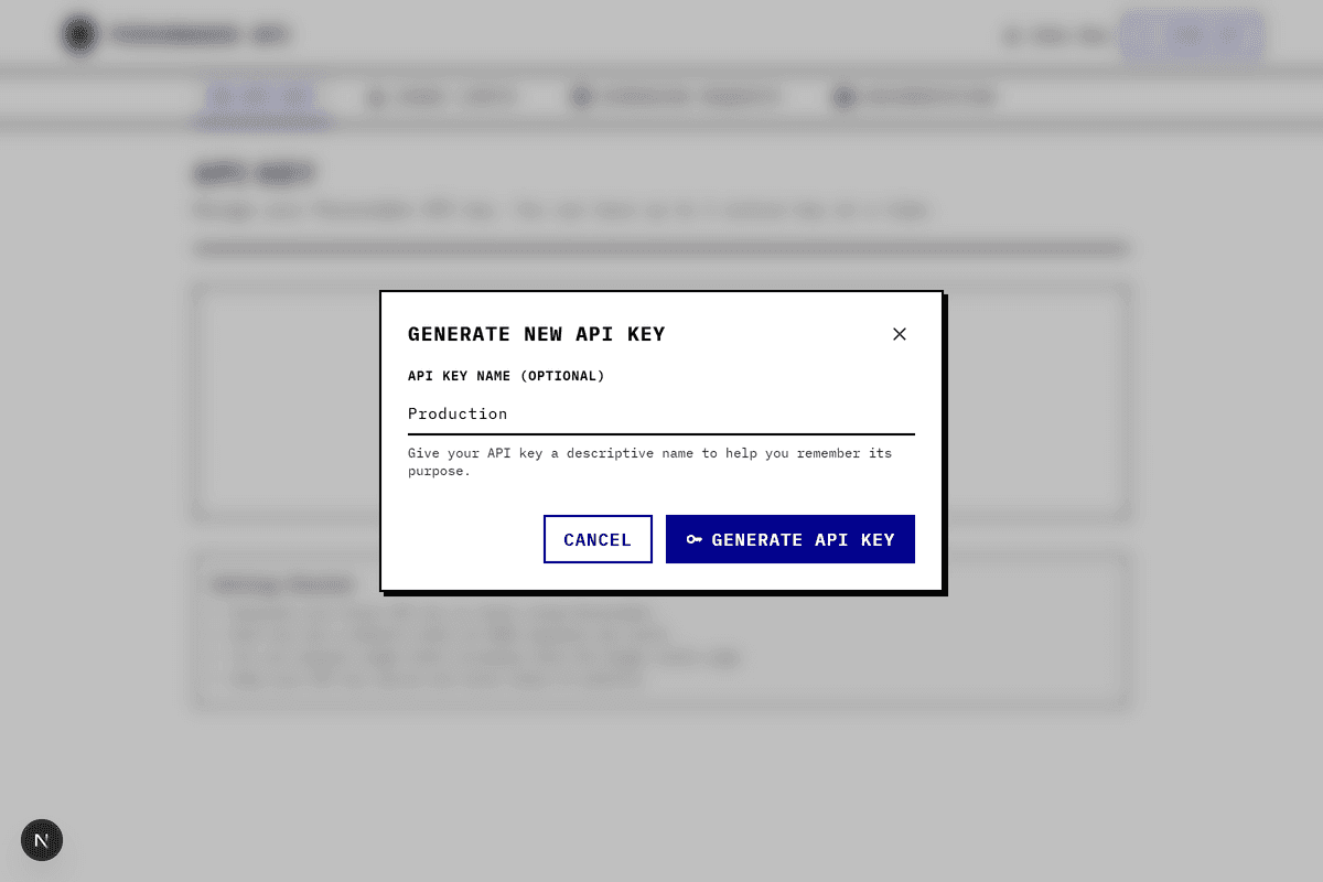 Create API Key dialog with optional name field