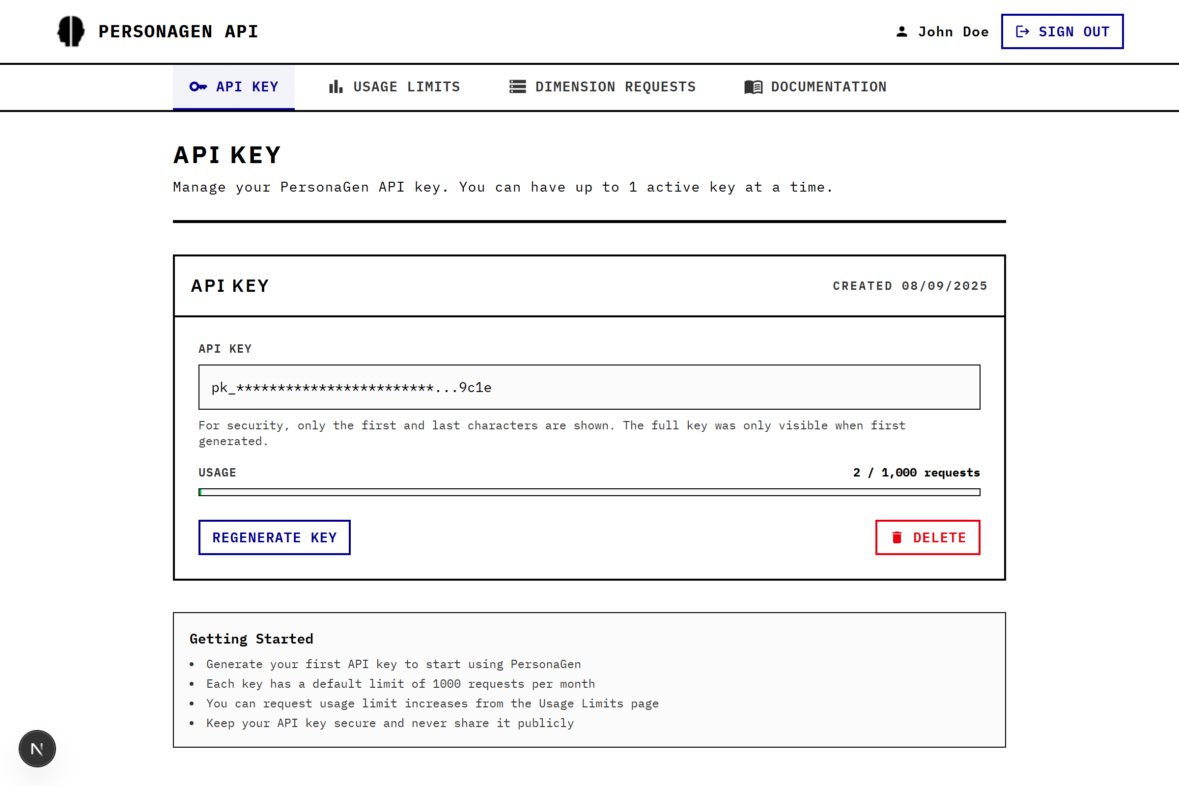 API Keys dashboard showing a created key with usage monitoring and management options