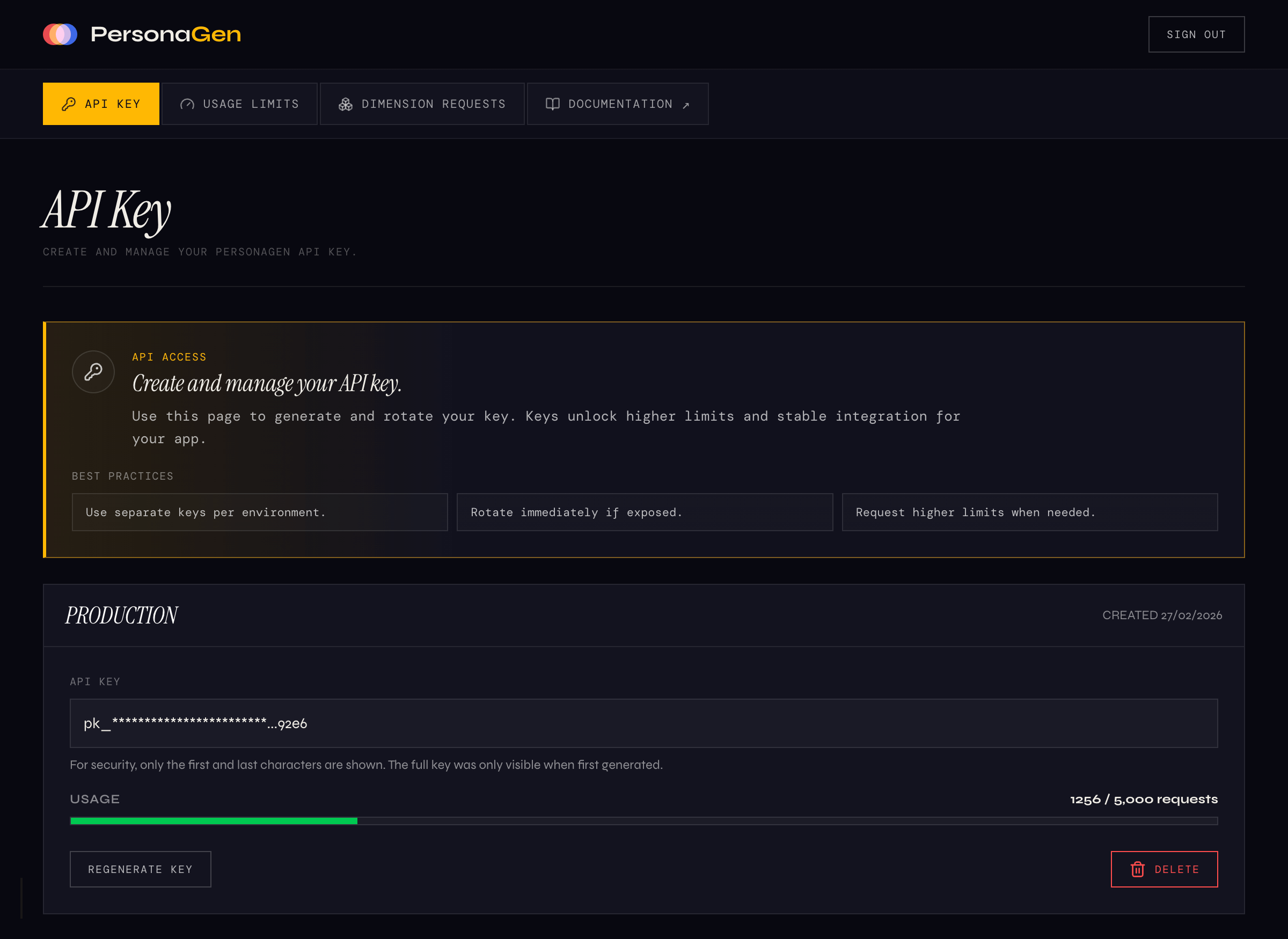 API Keys dashboard showing a created key with usage monitoring and management options