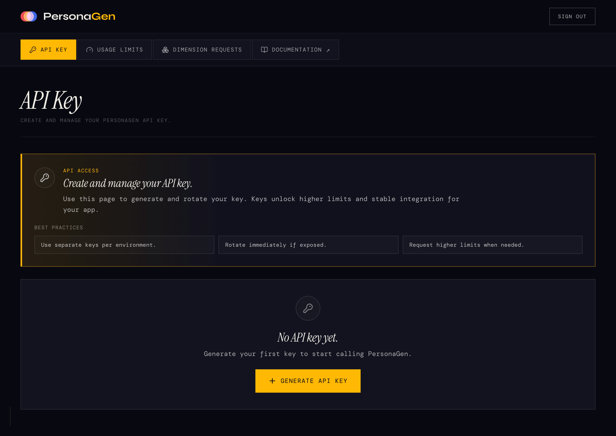 Empty API Keys dashboard showing placeholder when no keys exist