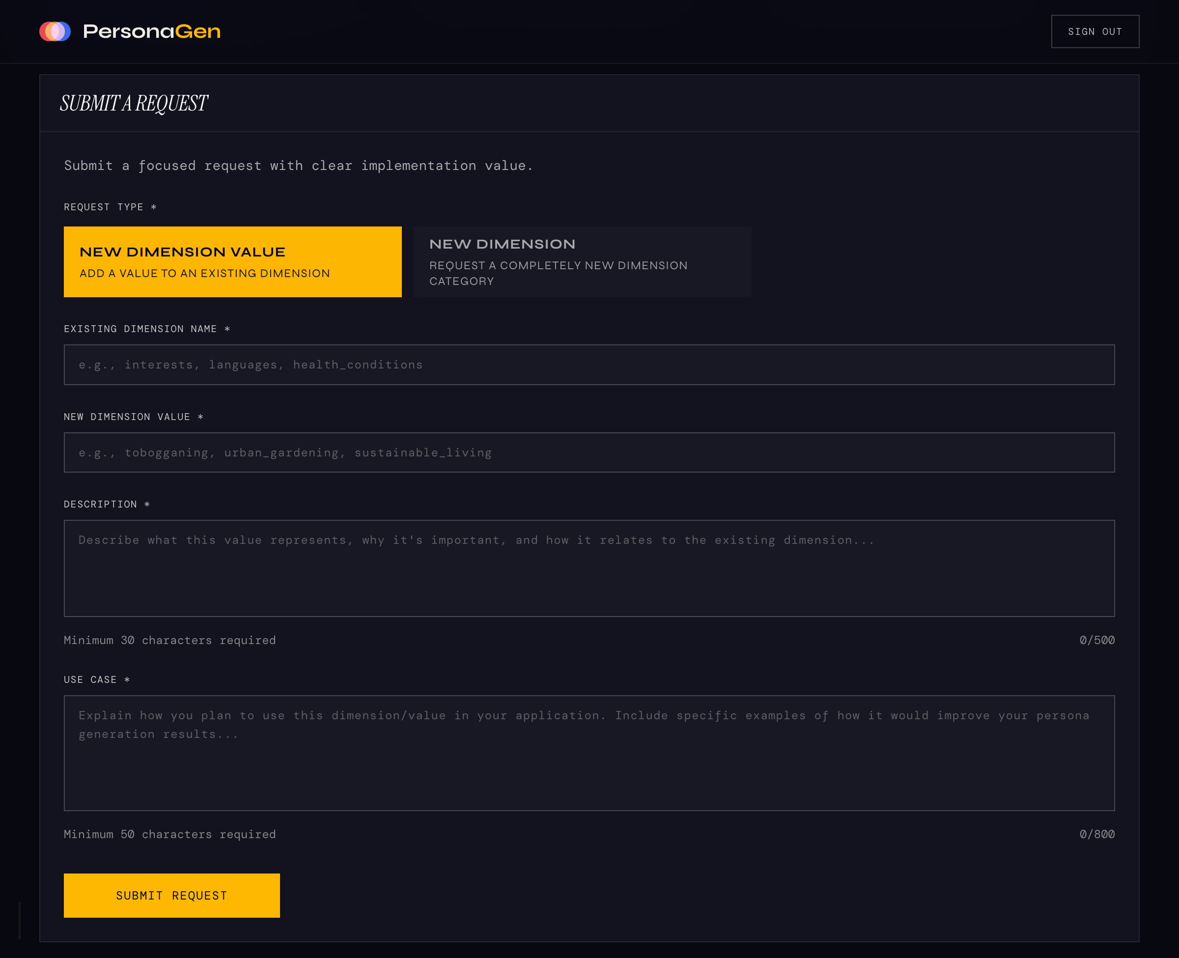 Dimension Requests dashboard showing request form and system information