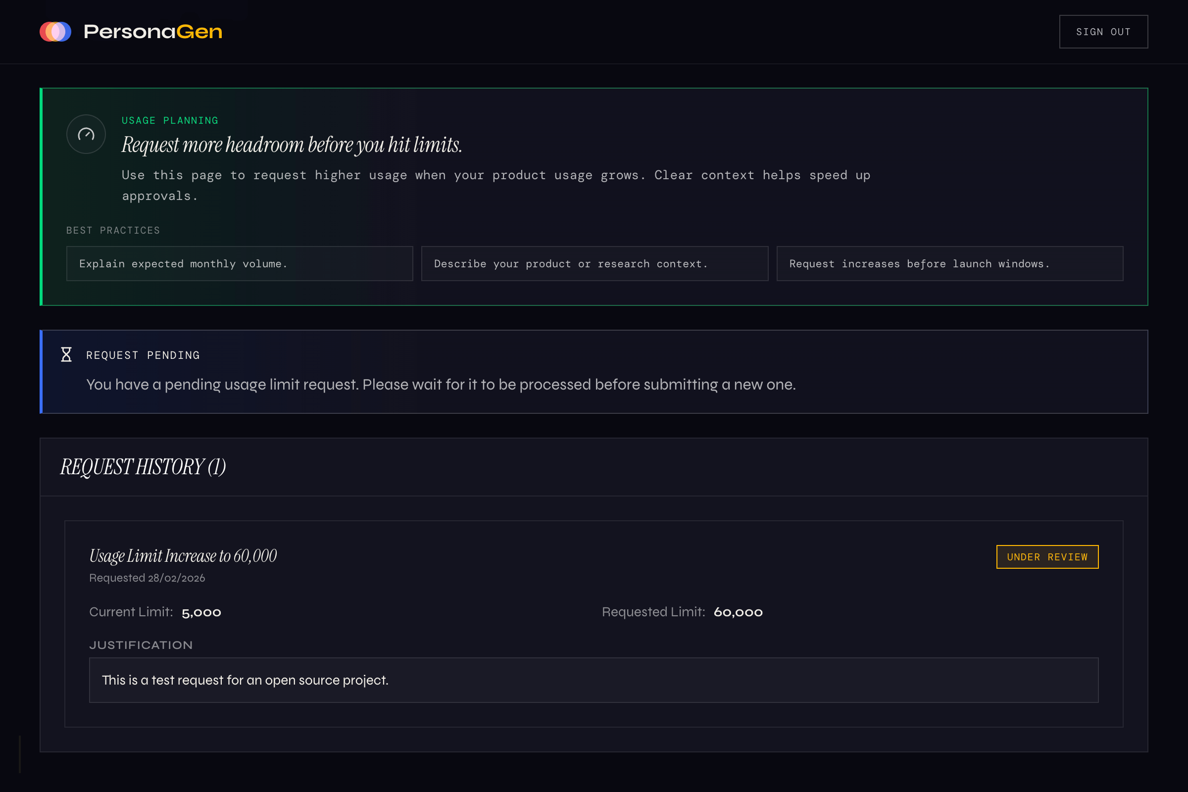 Usage Limits dashboard showing monthly statistics and progress bar