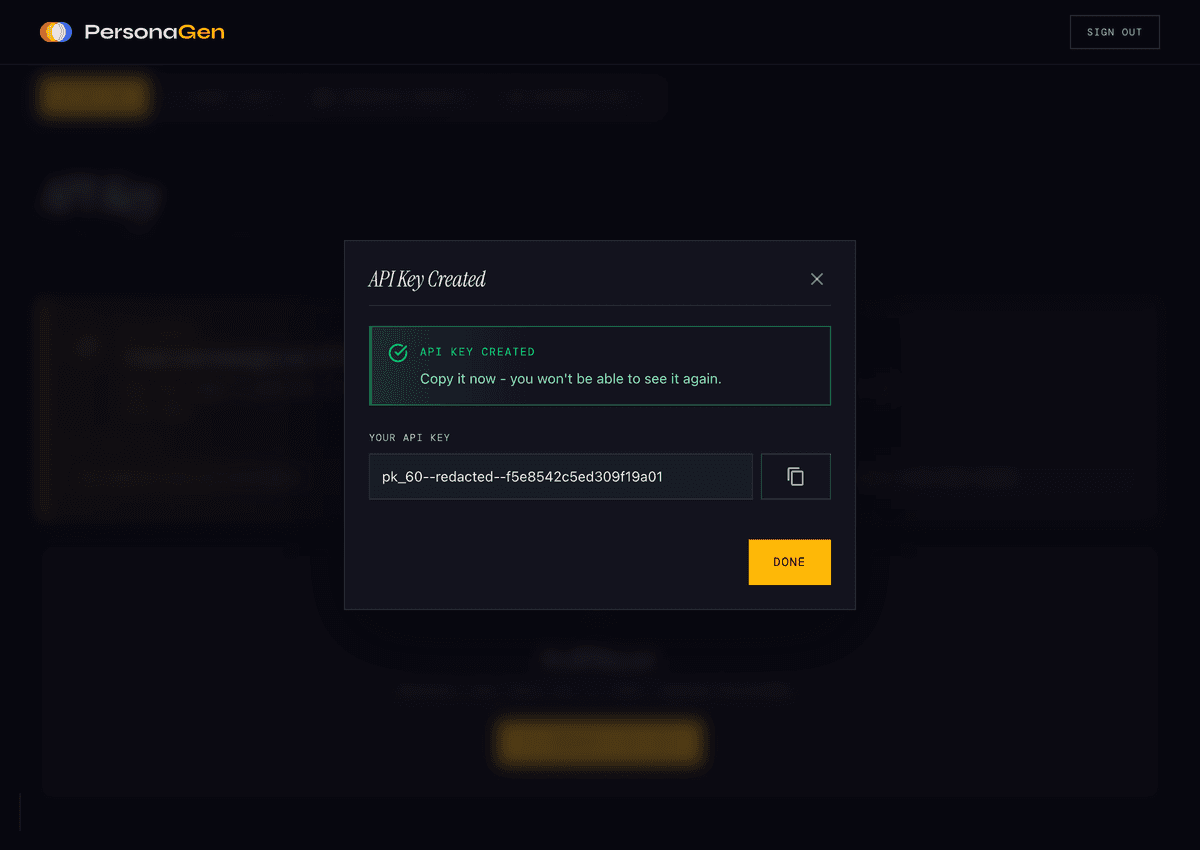 API Key created successfully dialog showing the full key with copy button