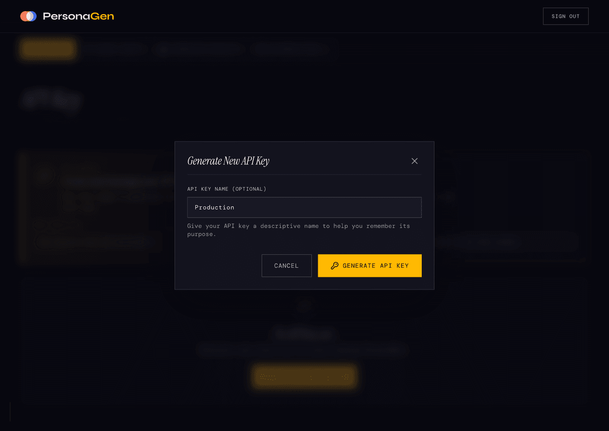 Create API Key dialog with optional name field