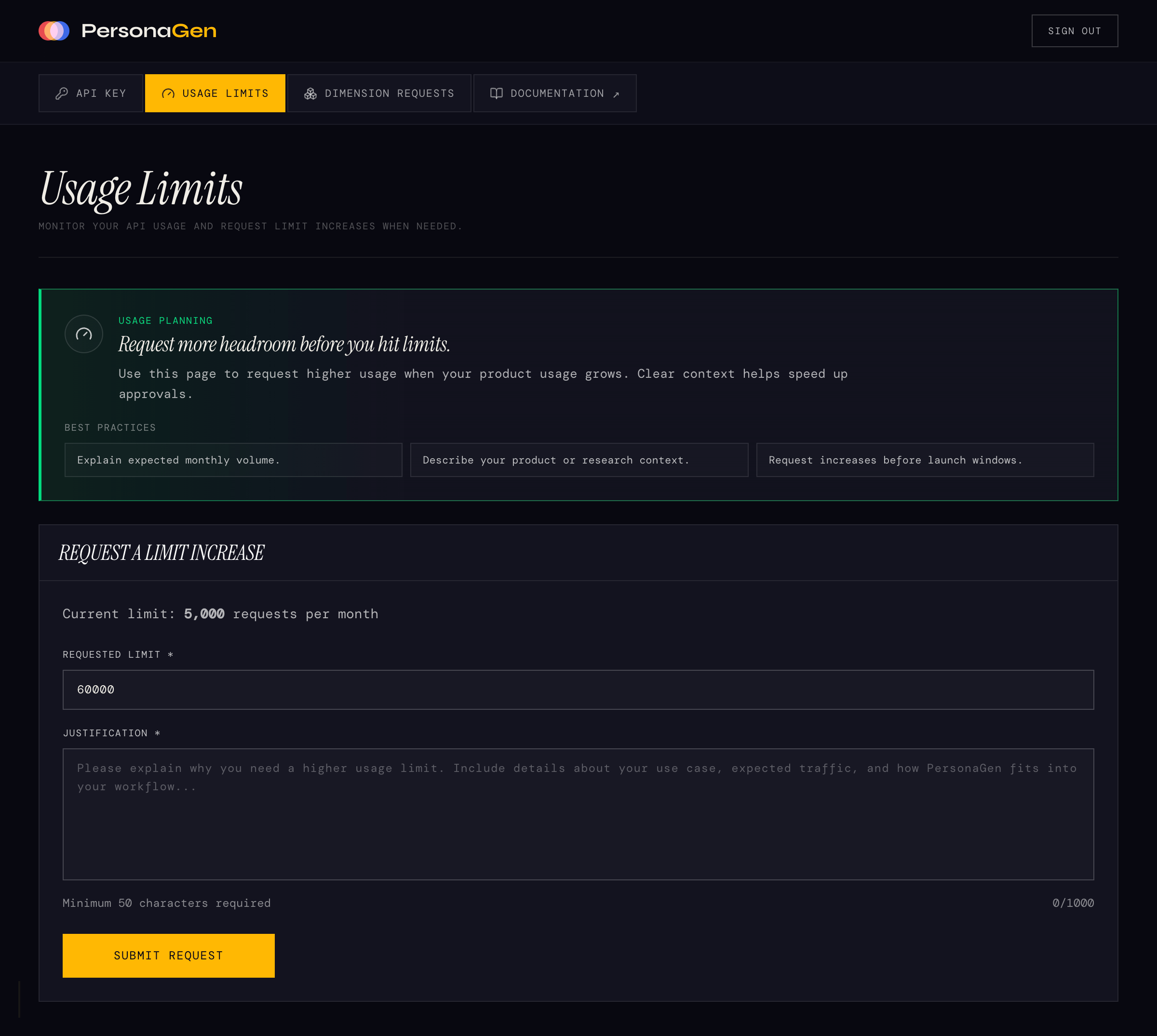 Usage limit increase request form with validation and character counters